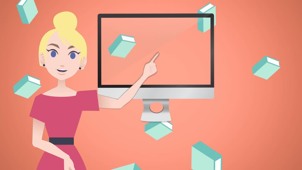 Animation of woman talking over book and computer icons