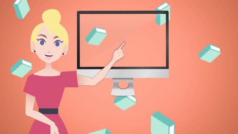 Animation-of-woman-talking-over-book-and-computer-icons