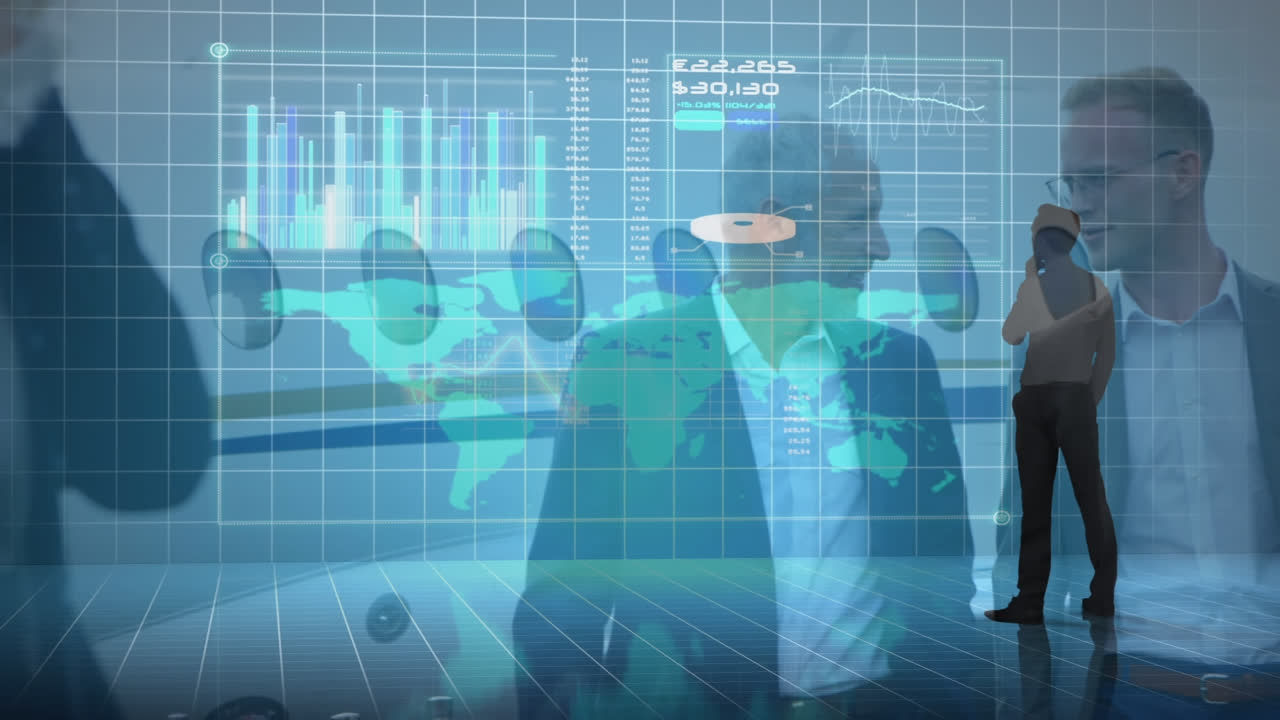 animación del procesamiento de datos sobre hombres de negocios caucásicos en el aeropuerto