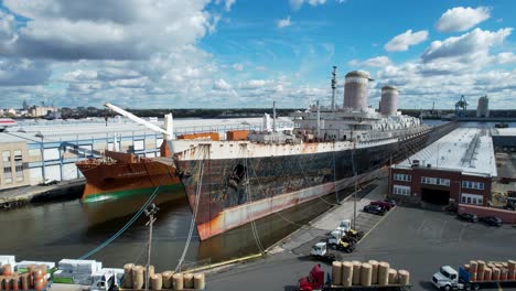 SS-United-States-drone-shot-up-and-over-abandonded-historic-ocean-liner-docked-in-Philadelphia