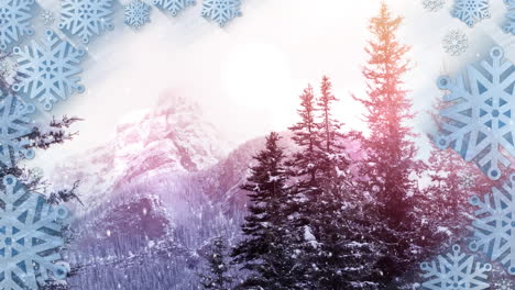 animation of snow falling over fir trees in winter scenery background