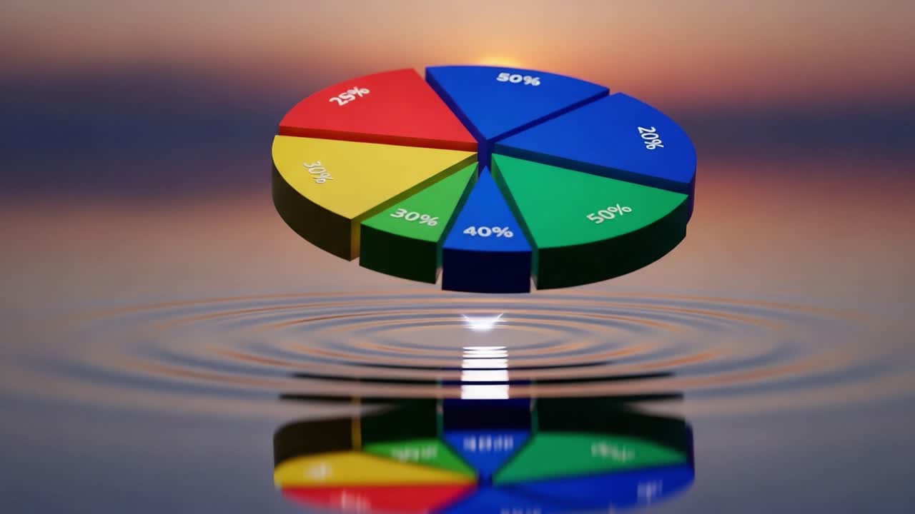 A Colorful Pie Chart Floating on Water Reflecting Vibrant Sunsets: An Engaging Visualization of Data Distribution in a Serene Setting