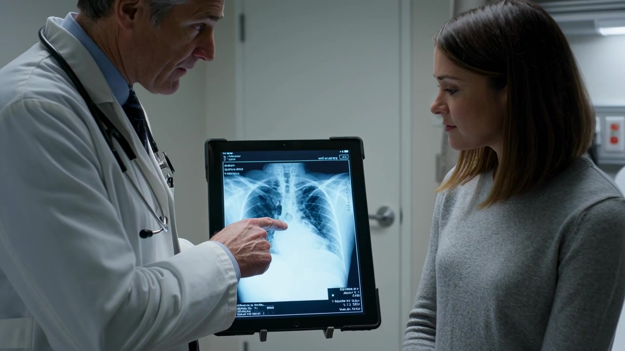 Positioning tablet, pointing doctor in white coat explaining chest X-ray to patient, exam room