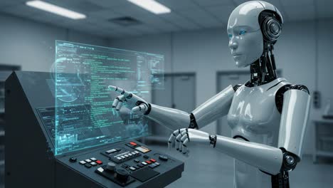 a futuristic robot interacting with a holographic interface, showcasing advanced technology with a focus on data processing and artificial intelligence applications