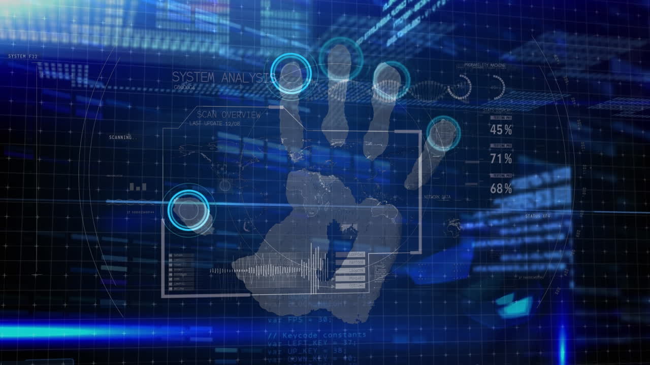Animation of hand bionic security system over blue space with diverse ...