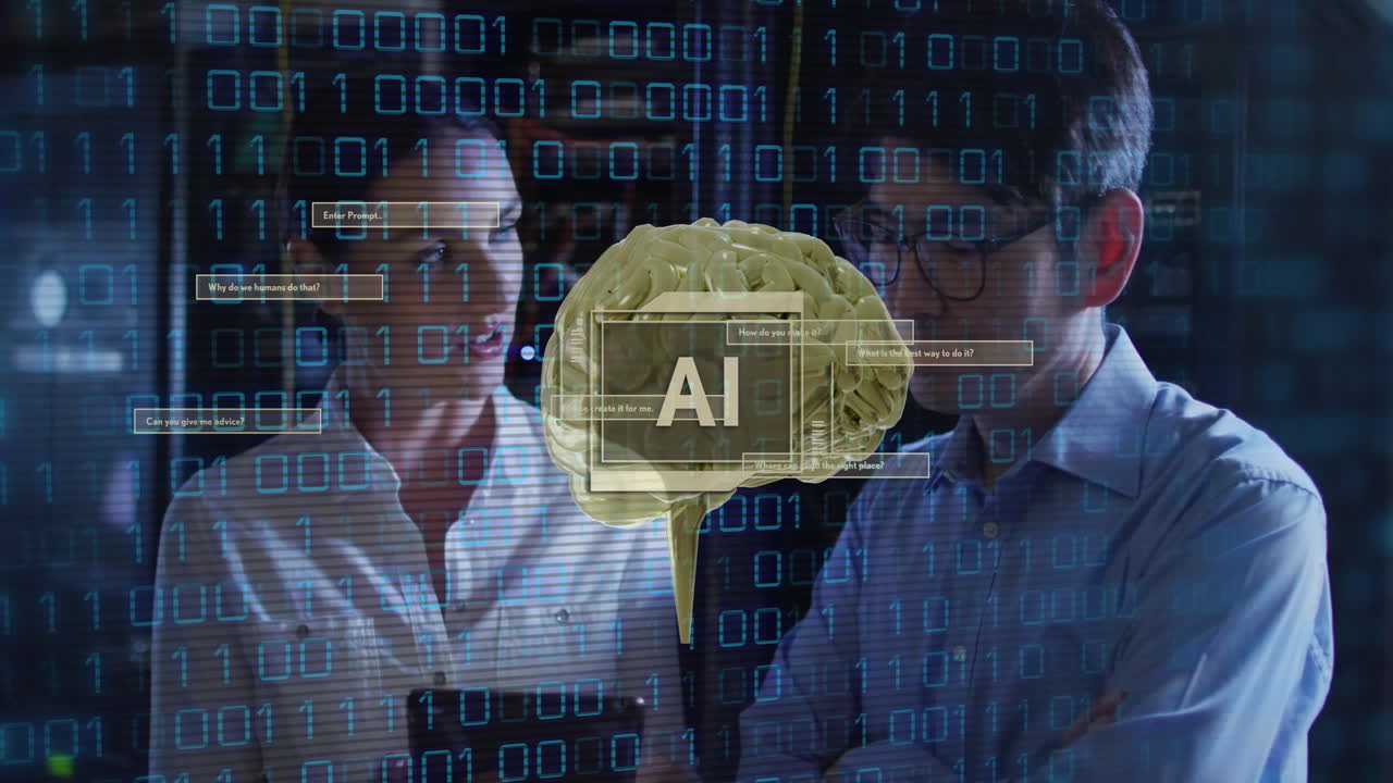 Animation of ai text, human brain, binary coding over it engineers by computer servers