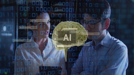 animación de texto ai, cerebro humano, codificación binaria sobre él ingenieros por servidores de computadora