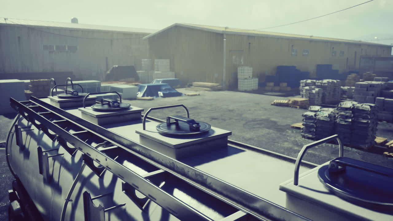 Tankers parked in a warehouse area with storage materials and construction site