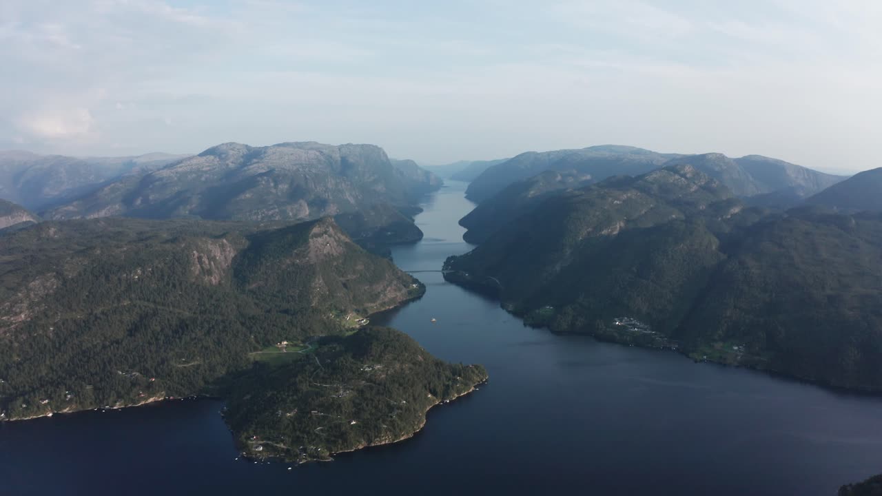 Aerial tilt up revealing beautiful landscape, one of the longest fjords in Norway