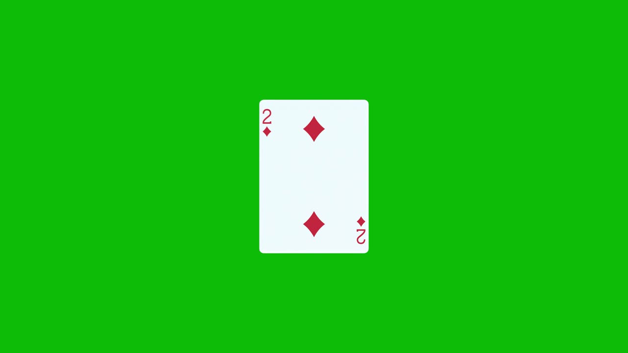 Una carta da poker con il due di quadri ruota e si rivela su uno sfondo verde, animazione 3D. Puoi modificare la tempistica della clip per controllare l'effetto di rivelazione.