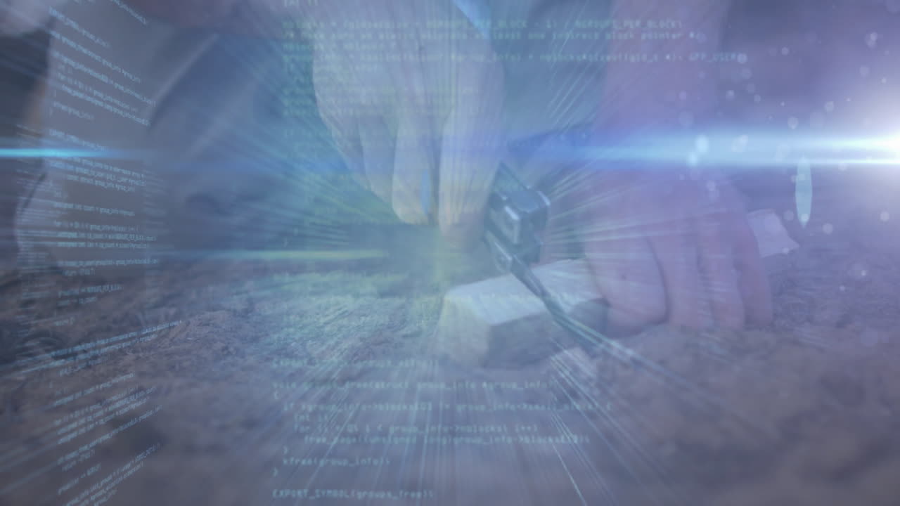 Male hands carving wood with pocket knife, with animated blue data streaks highlighting technology