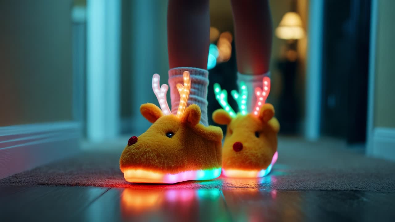 Colorful and Festive Light-Up Reindeer Slippers Perfect for Cozy Moments During the Holidays, Offering a Fun and Whimsical Touch to Wintertime Footwear