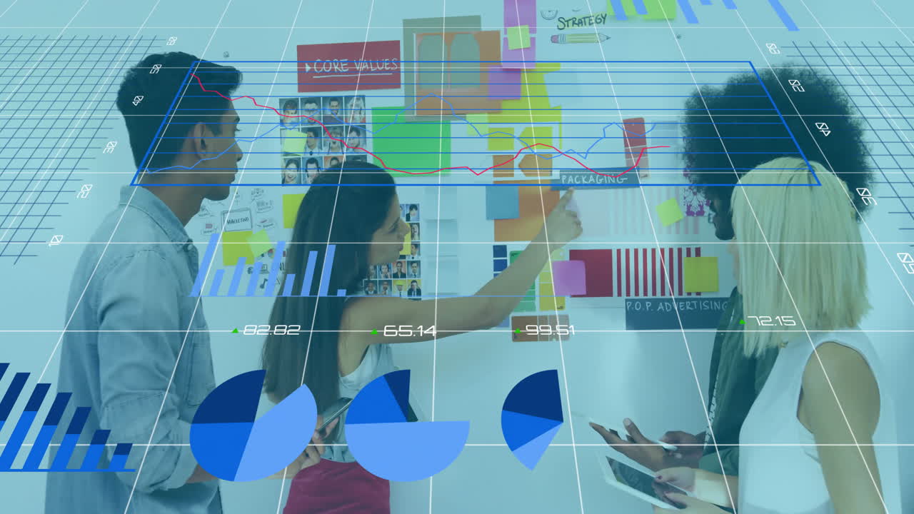 animación de diagramas y procesamiento de datos sobre diversos colegas que discuten el trabajo en la oficina