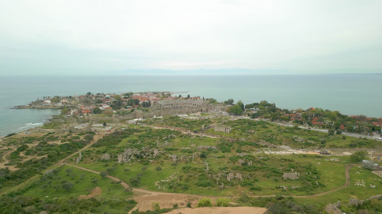 Aerial View Of Resort Town And Ruins Of The Ancient City In Side, Antalya Province, &lrm;Turkey
