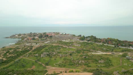 aerial view of resort town and ruins of the ancient city in side, antalya province, ‎turkey