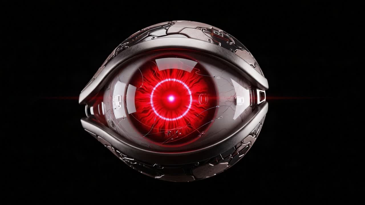 Futuristic Cybernetic Eye with Glowing Red Core and High-Tech Metallic Design Captured in Perfect Detail Against a Black Background