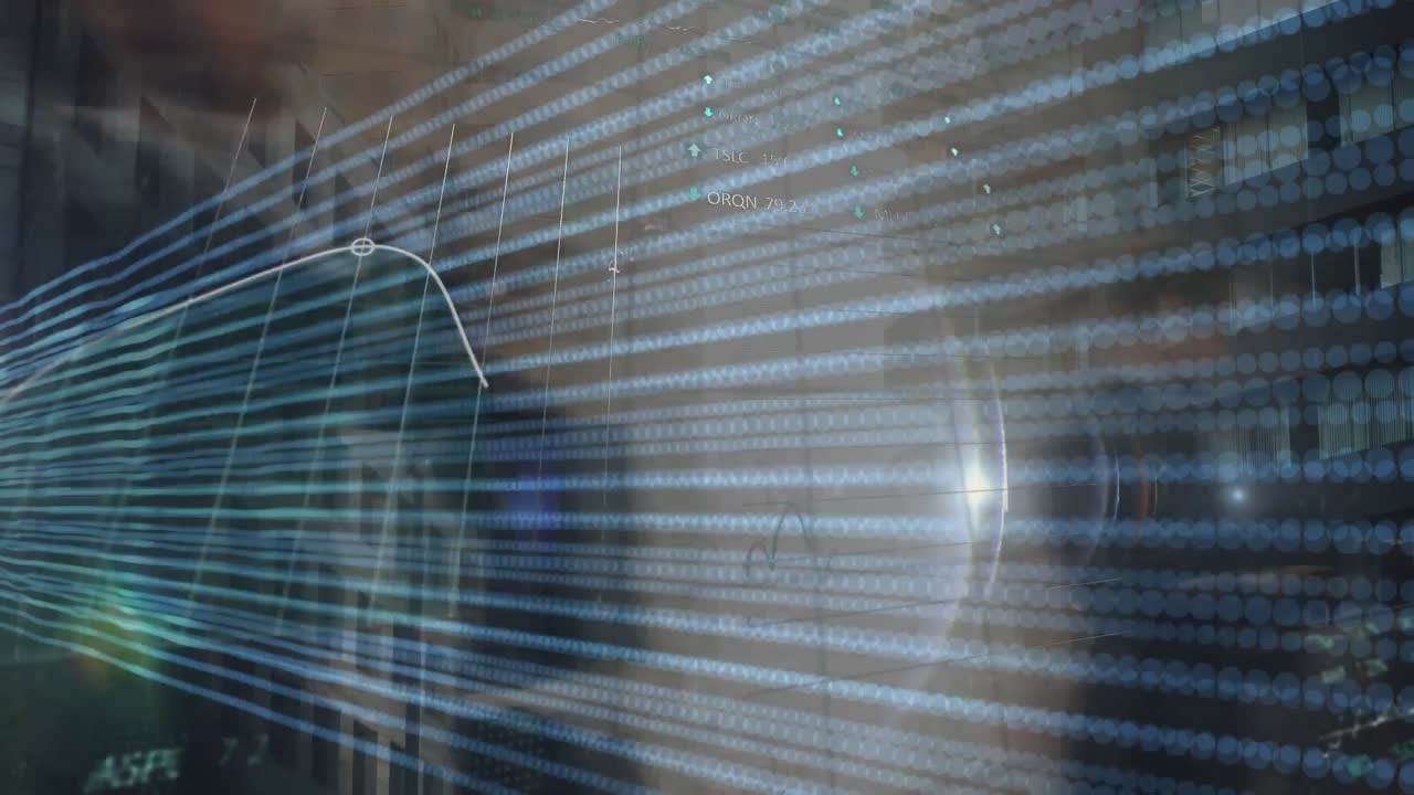 Animation of financial data processing over pedestrians walking in fast motion