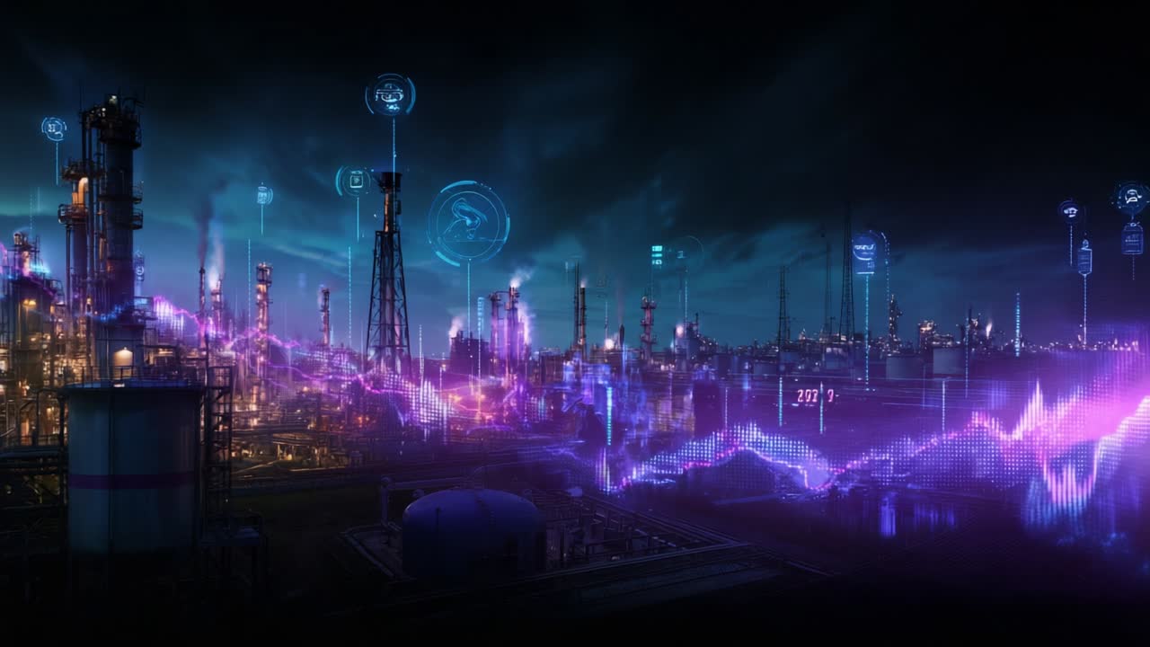 A mesmerizing view of a futuristic industrial skyline at night, where energy and technology converge in a vibrant display of lights and data, representing innovation and progress in the manufacturing sector