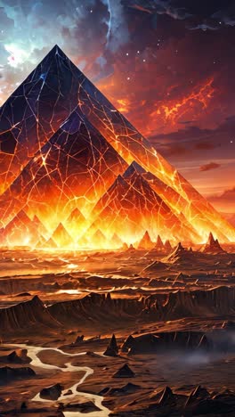 a fiery pyramid illuminates the dark landscape at sunset near mountains