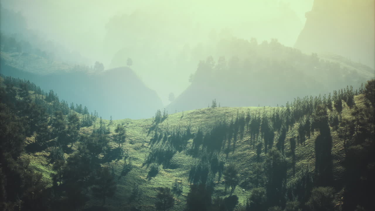 Vibrant landscape view of lush green hills and distant mountains at sunrise