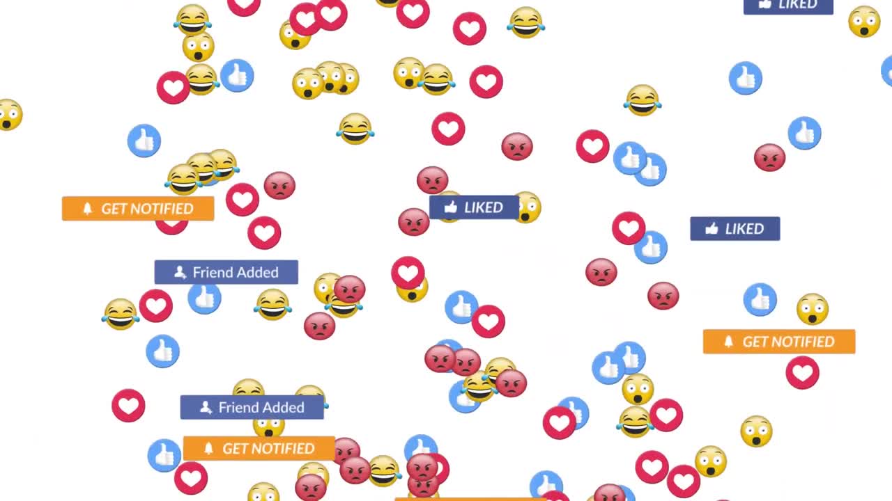 ⁇ 색 배경 위에 떨어지는 소셜 미디어 아이콘과 이모티콘의 애니메이션