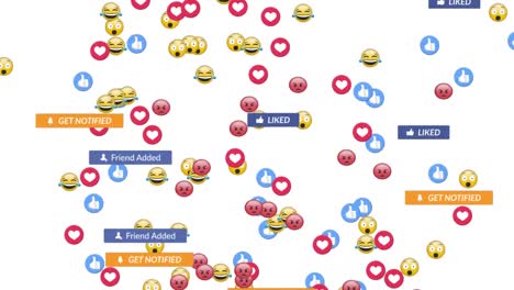 animation of falling social media icons and emojis over white background