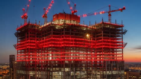a striking view of a partially completed skyscraper illuminated with vibrant red lights at dusk, showcasing its modern architecture and construction progress against the night sky