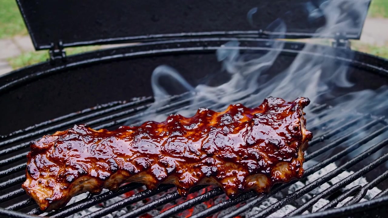 Deliziose costolette al barbecue che grigliano su una griglia a carbone ardente con fumo