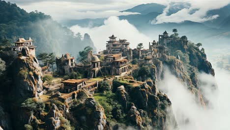 ancient temple complex nestled among misty mountains at dawn