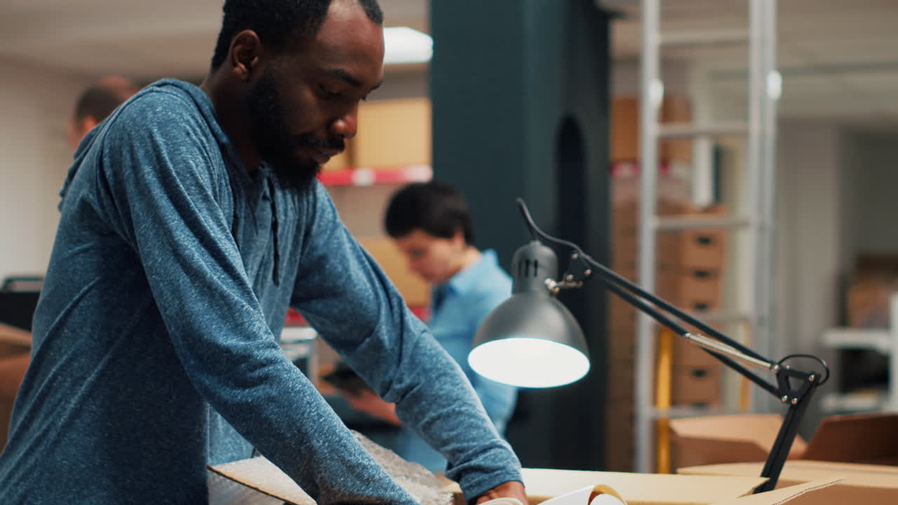 Man Packing Boxes in Warehouse