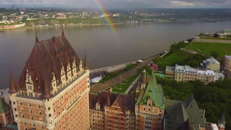 aerial view of quebec city and chateau frontenac with rainbow