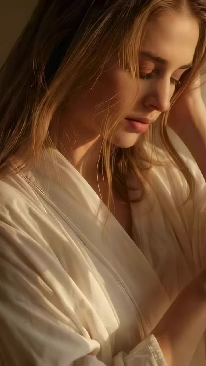 Video verticale: donna che sposta la luce disegnando, solleva il mento e infila i capelli vicino alla finestra, accappatoio color crema