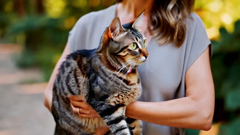 a person holding a tabby cat outdoors