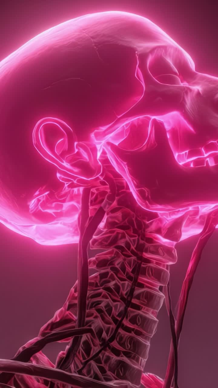 Una rappresentazione visiva sorprendente dell'anatomia umana che mostra l'intricata rete di vene e arterie evidenziate in una tonalità rosa brillante su uno sfondo scuro.