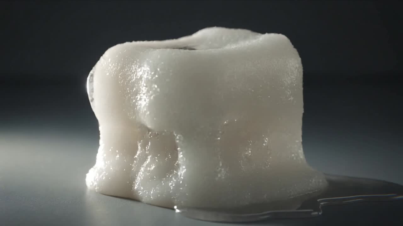 Crystal cube melting under studio heat, forming frost, dripping melt, becoming slushy for design