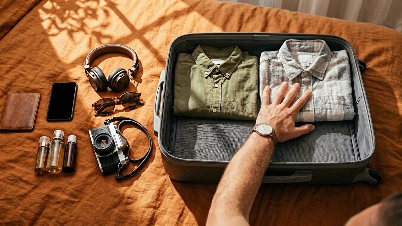 旅行者が装備をパッキングし、アウトドアアドベンチャーの旅に備える