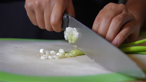 chopping fresh green onions in slow motion