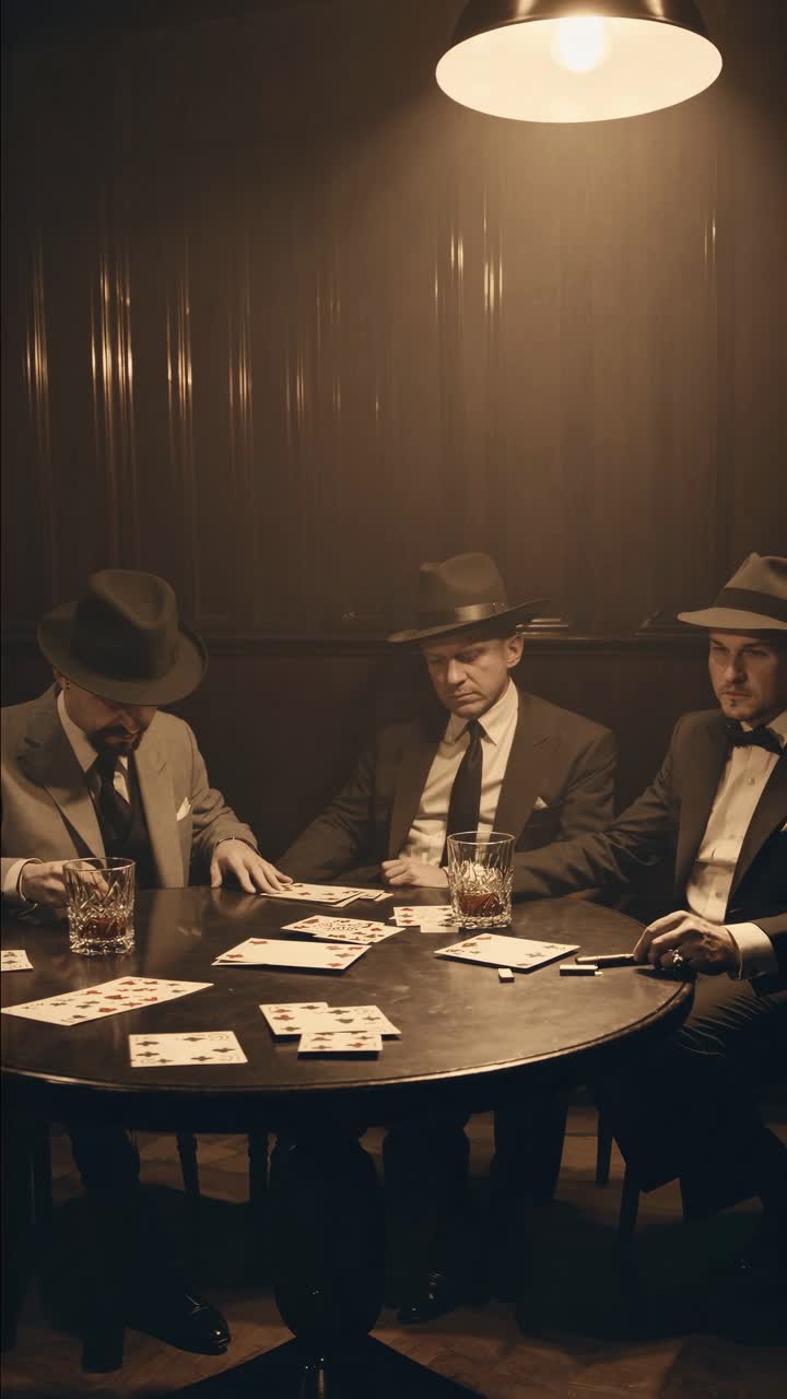 Three men in vintage suits and hats play cards at a dimly lit table
