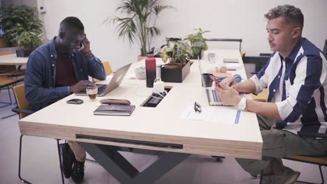couple of multiracial coworkers using cellphone