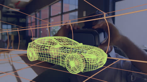 animación de dibujo 3d digital de un coche sobre un hombre usando auriculares vr