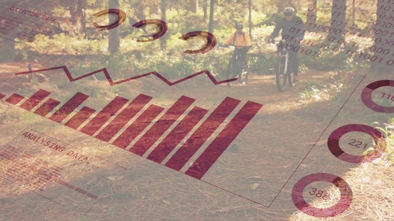 Woman and man cycling entering frame, red charts and rings intensifying and tracking fitness data