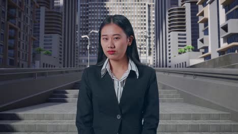 a terrible asian business woman looking at camera in urban city