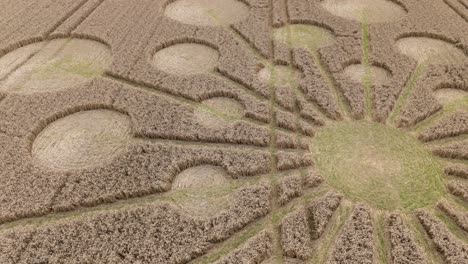 Andover-crop-circle-aerial-view-dolly-across-strange-molecular-circles-pattern-on-Hampshire-wheat-field