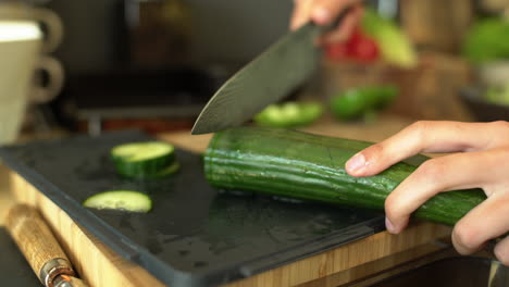 close up of female hands slicing a cucumber