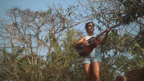 beautiful young girl playing guitar outdoors