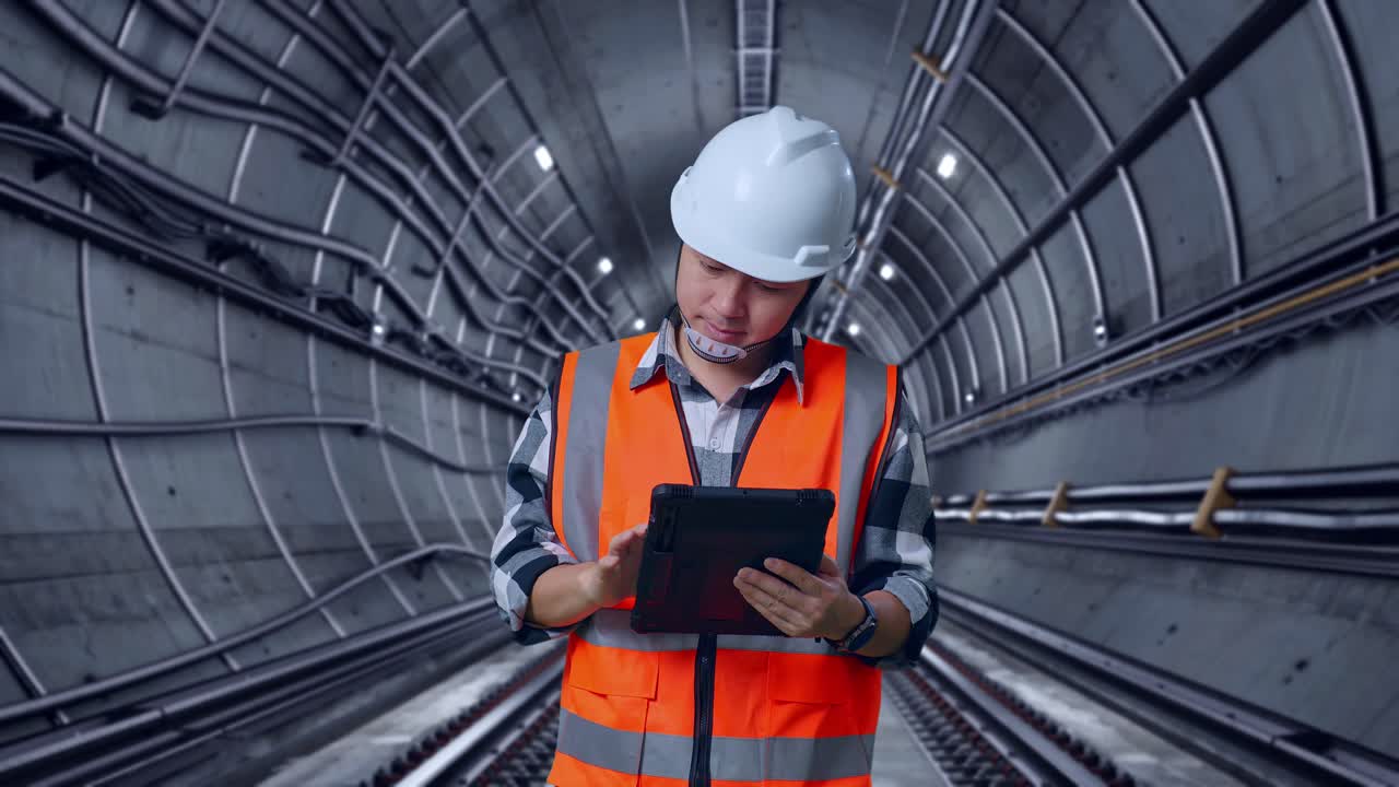 Asian Male Engineer With Safety Helmet Working On A Tablet While Standing In Underground Subway Tunnel