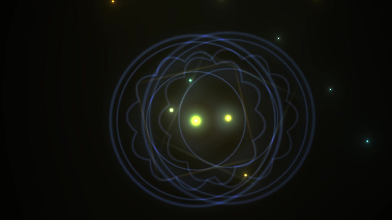 Abstract Glowing Orb with Orbiting Particles and Geometric Shapes