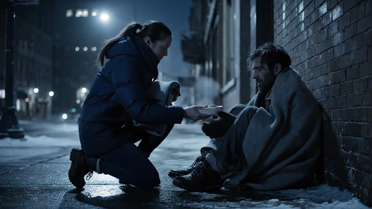 Woman Offering Help to Homeless Man on City Street