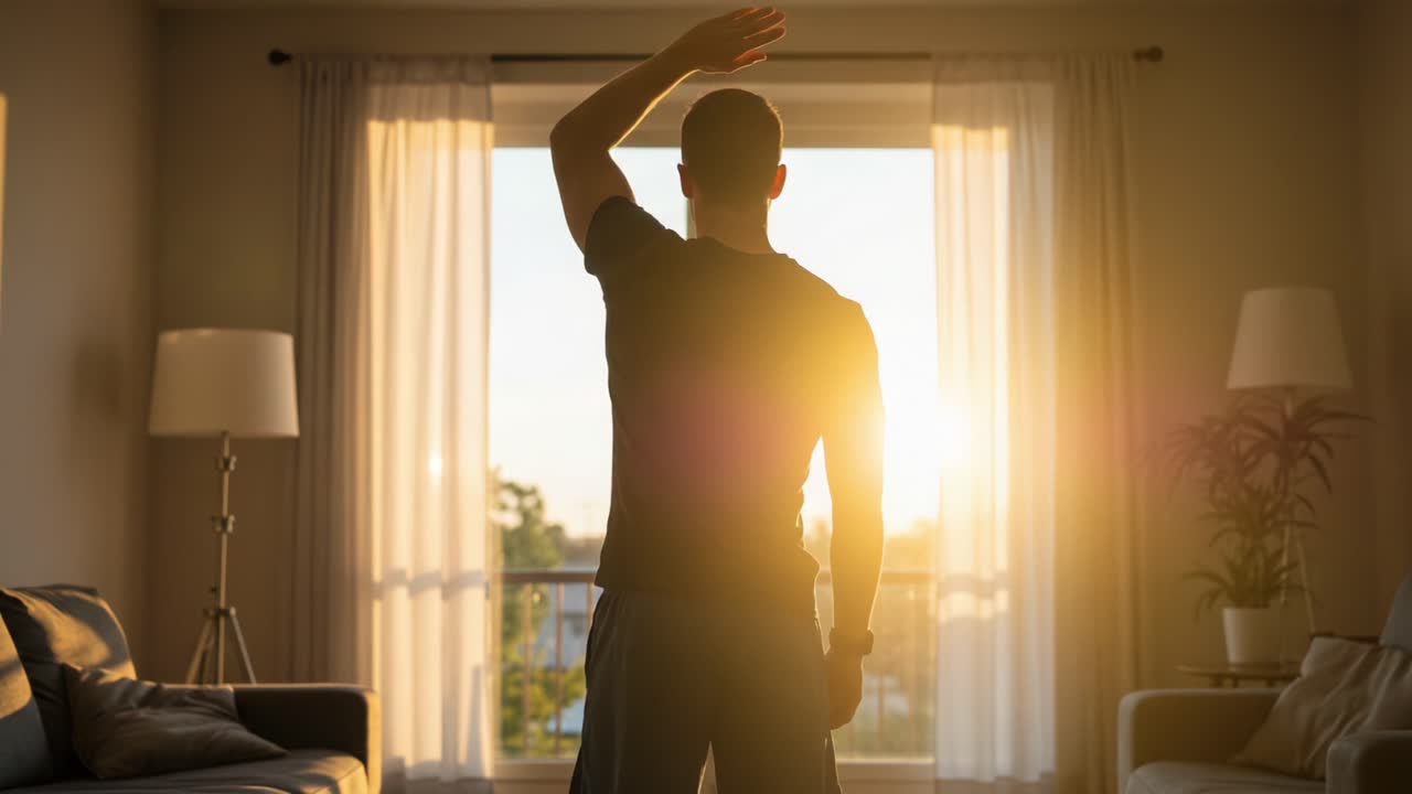 Silhouette of a Person Enjoying a Beautiful Sunset from a Spacious Room, Embracing Serenity and Peace in a Homely Environment