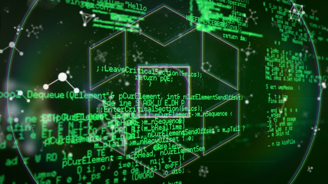 Animation of computer and scientific data processing on black background